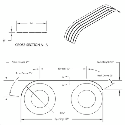 120" 430 Stainless Steel (16ga) Beaded Edge Ribbed Full Fender 60" Spread - SR Series (Pair)