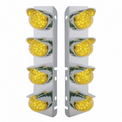 SS Front Air Cleaner Bracket With 8X 17 Amber LED Dual Function Reflector Lights & SS Visors For Peterbilt-Amber Lens
