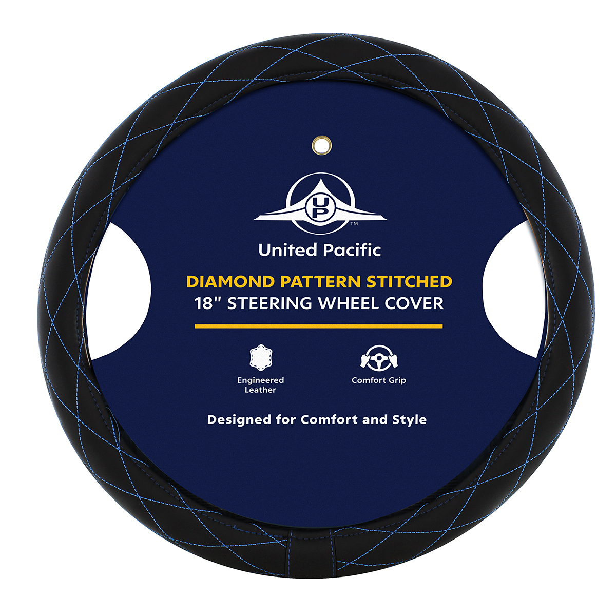 18" Crystal Stitched Leather Steering Wheel Cover - Blue Stitching