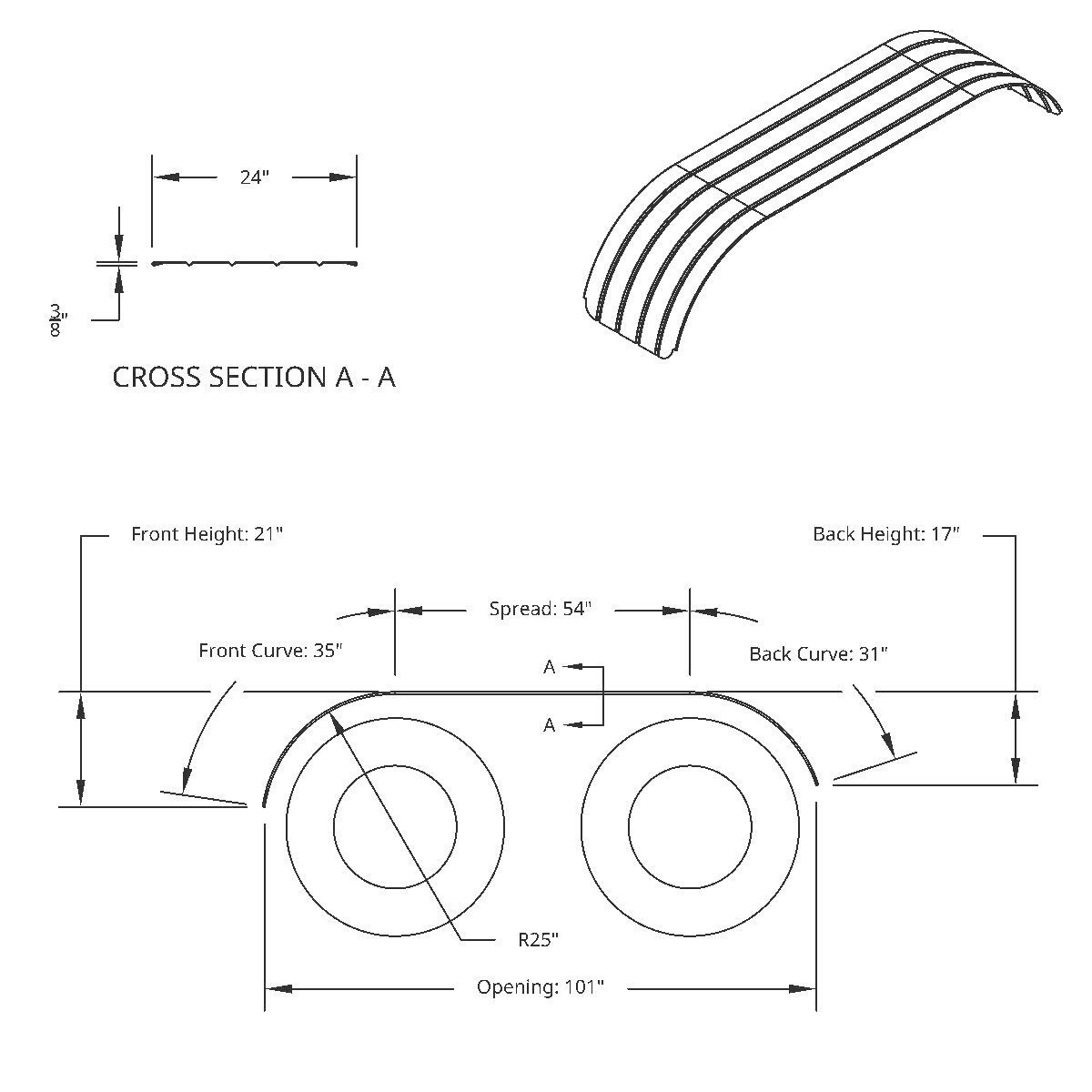 120" 430 Stainless Steel (16ga) Beaded Edge Ribbed Full Fender 54" Spread - SR Series (Pair)