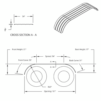 120" 430 Stainless Steel (16ga) Beaded Edge Ribbed Full Fender 54" Spread - SR Series (Pair)