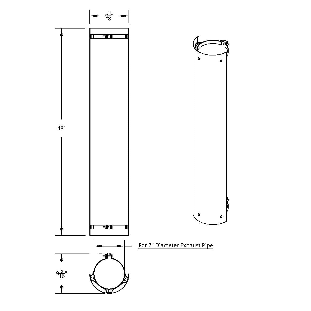 48" Tall 180 Degree Stainless Exhaust Muffler Shield For 7" Diameter Exhaust - Plain