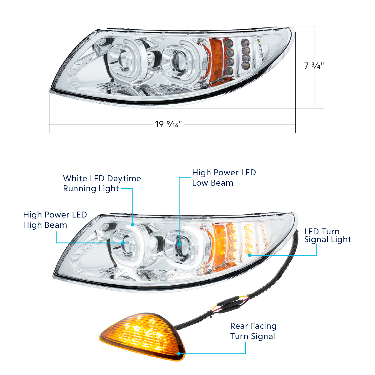 Chrome LED Projector Headlight With Rear Facing Turn Signal For International Durastar 2002-2018 - Driver