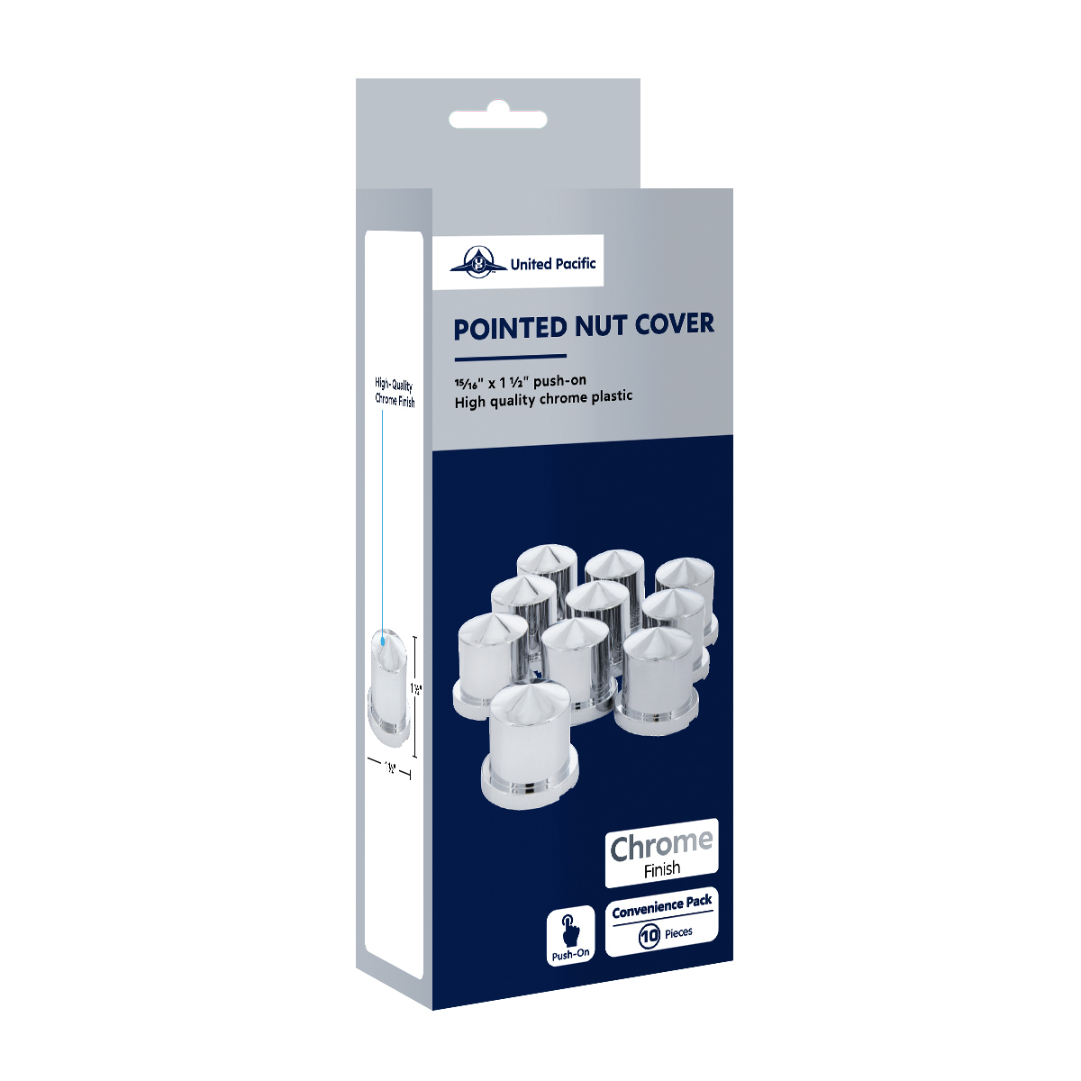 15/16" X 1-1/2" Chrome Plastic Pointed Nut Covers - Push-On (10-Pack)