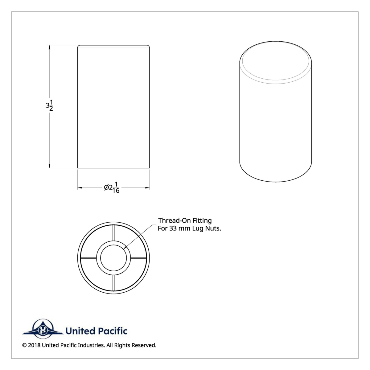 33mm x 3-1/2" Chrome Plastic Cylinder Nut Cover - Thread-On (Bulk)