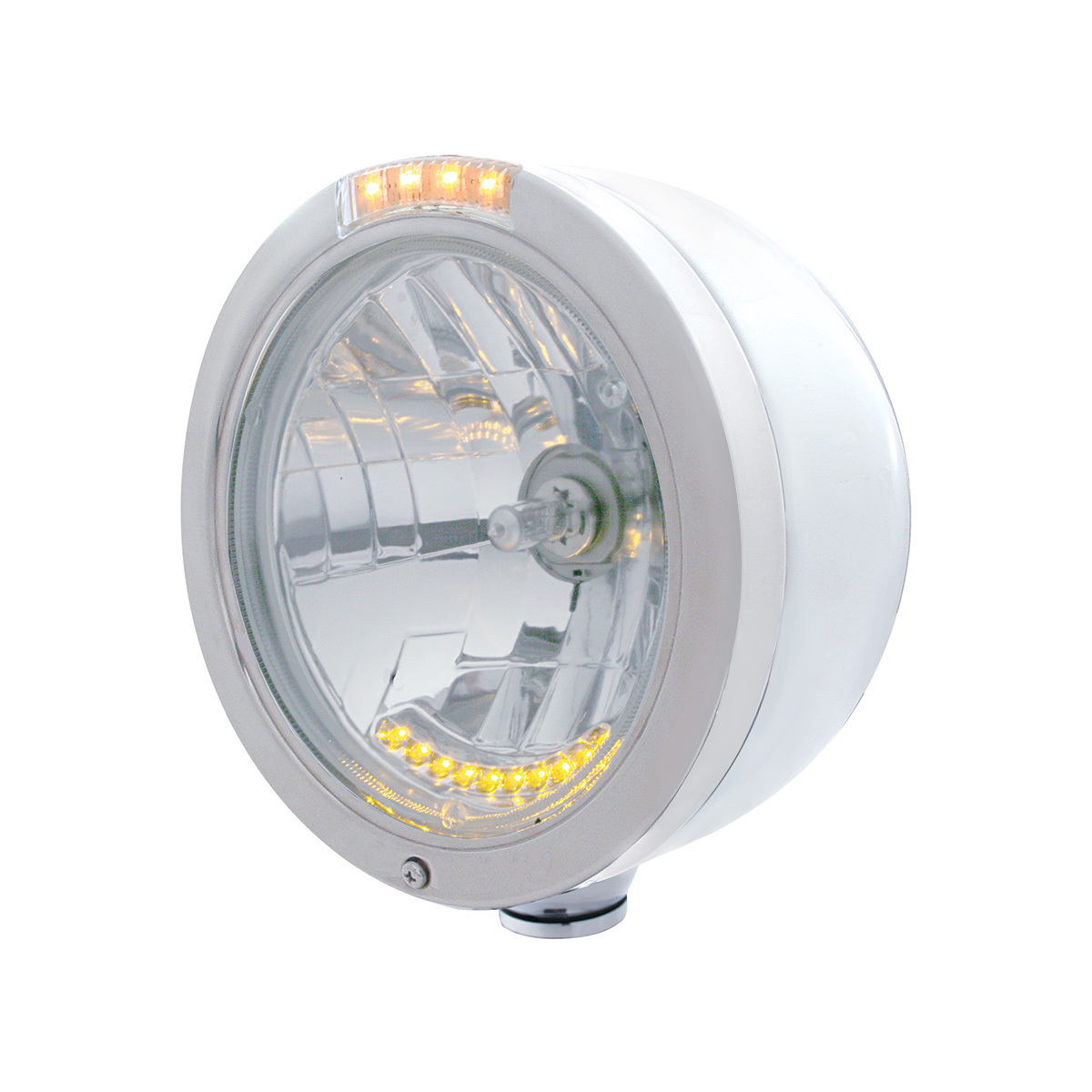 Stainless Steel Bullet Half Moon Headlight H4 With 10 Amber LED & Signal - Clear Lens