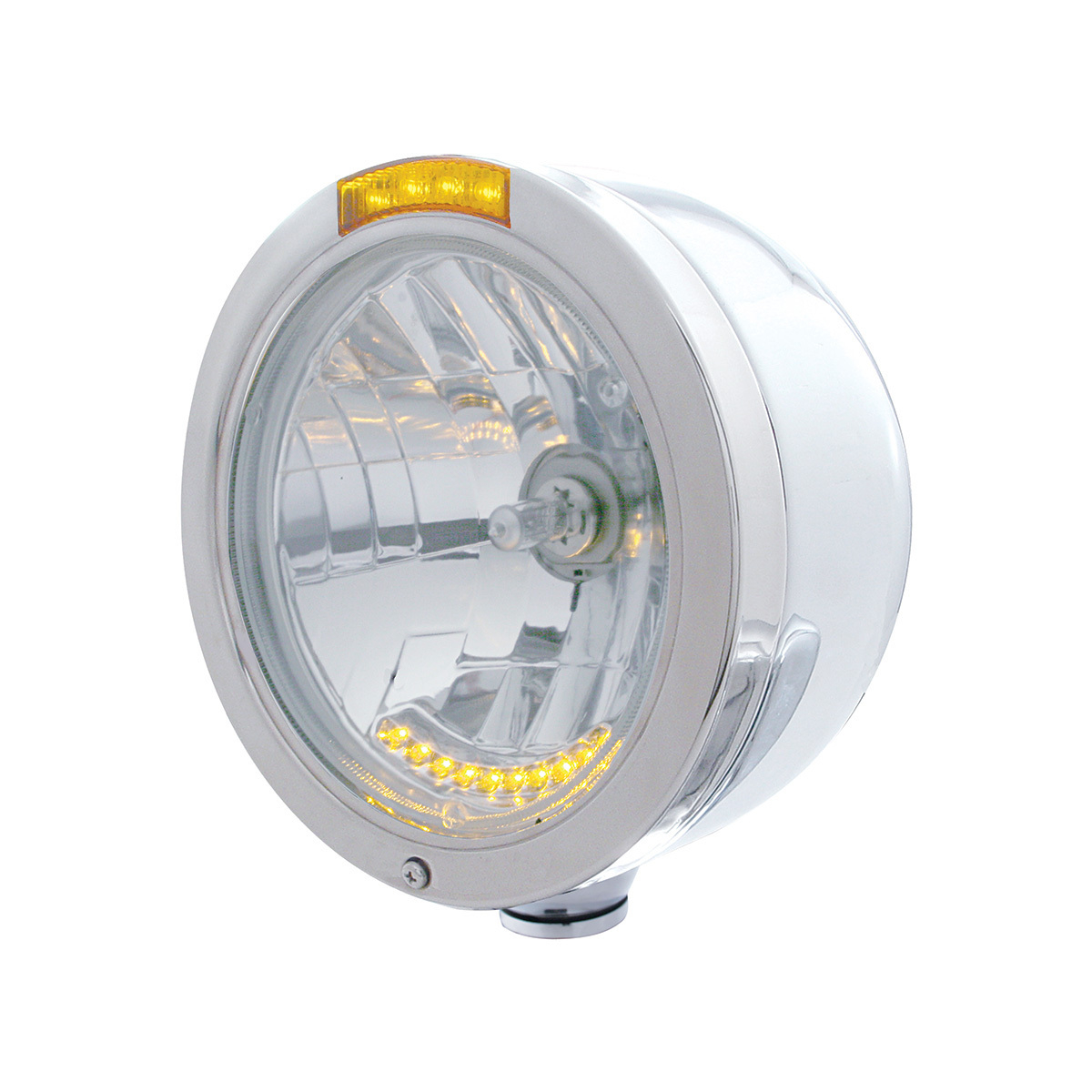 Stainless Steel Bullet Half Moon Headlight H4 With 10 Amber LED & Signal - Amber Lens