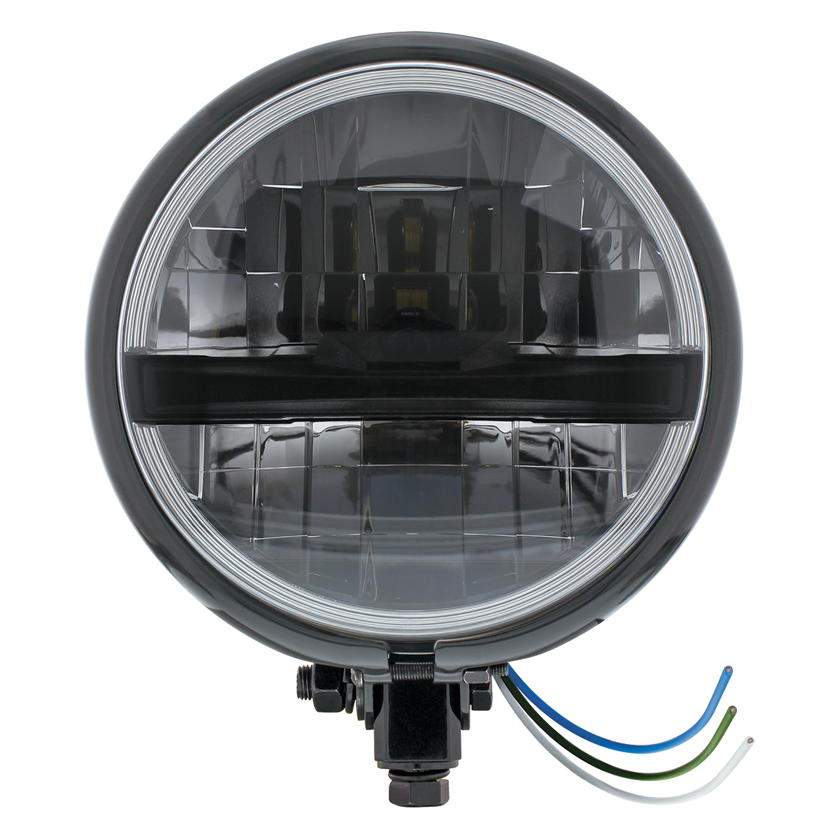 Black 5-3/4" Motorcycle Headlight 8 LED Blackout Bulb With Black Bar - Bottom Mount