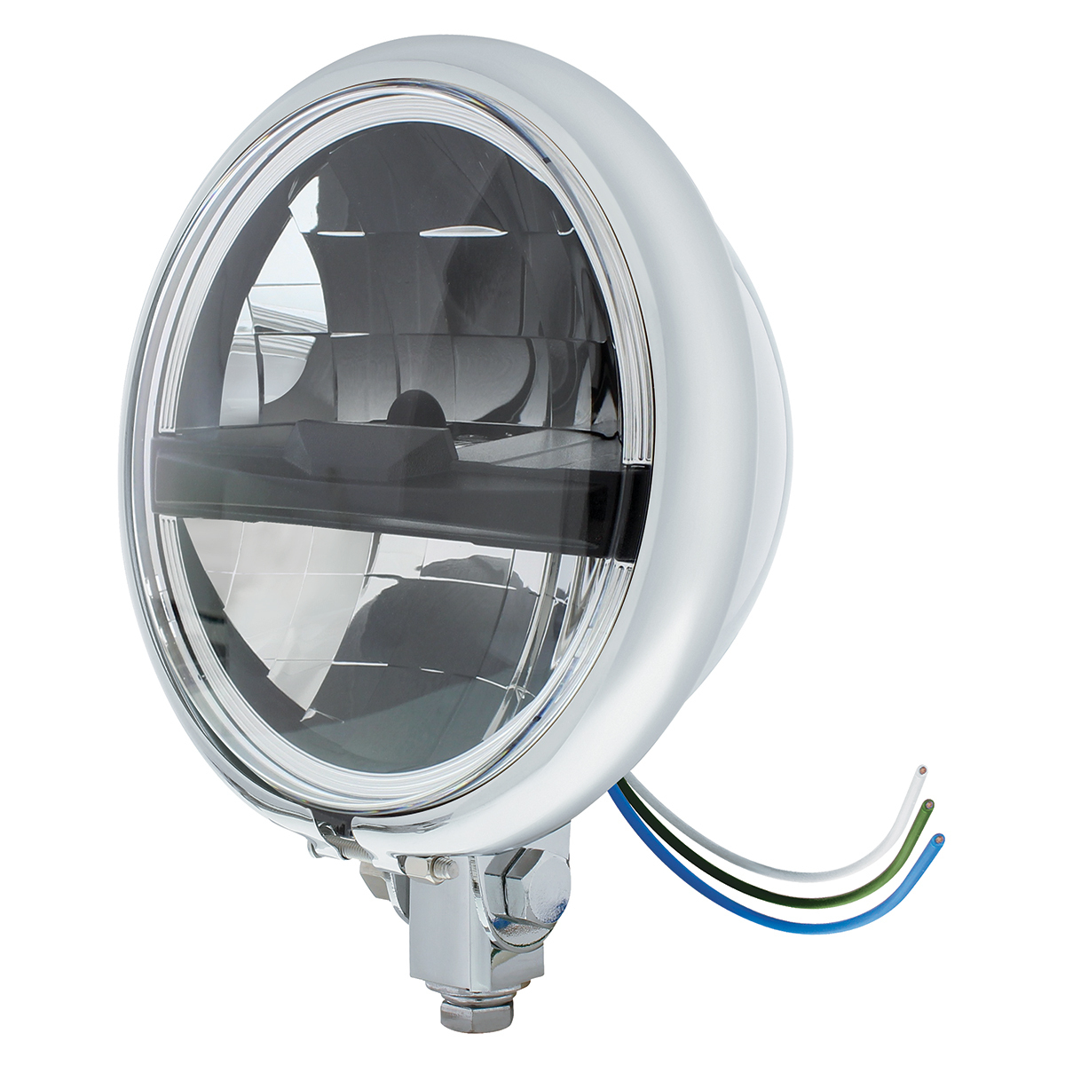 Chrome 5-3/4" Motorcycle Headlight 8 LED Blackout Bulb With Black Bar - Bottom Mount