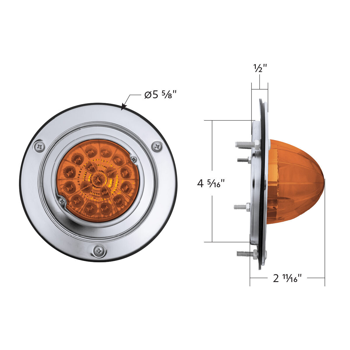 17 LED Dual Function Watermelon Reflector Light Sleeper Bunk Kit With 304 SS Bezel-Amber LED/Amber Lens