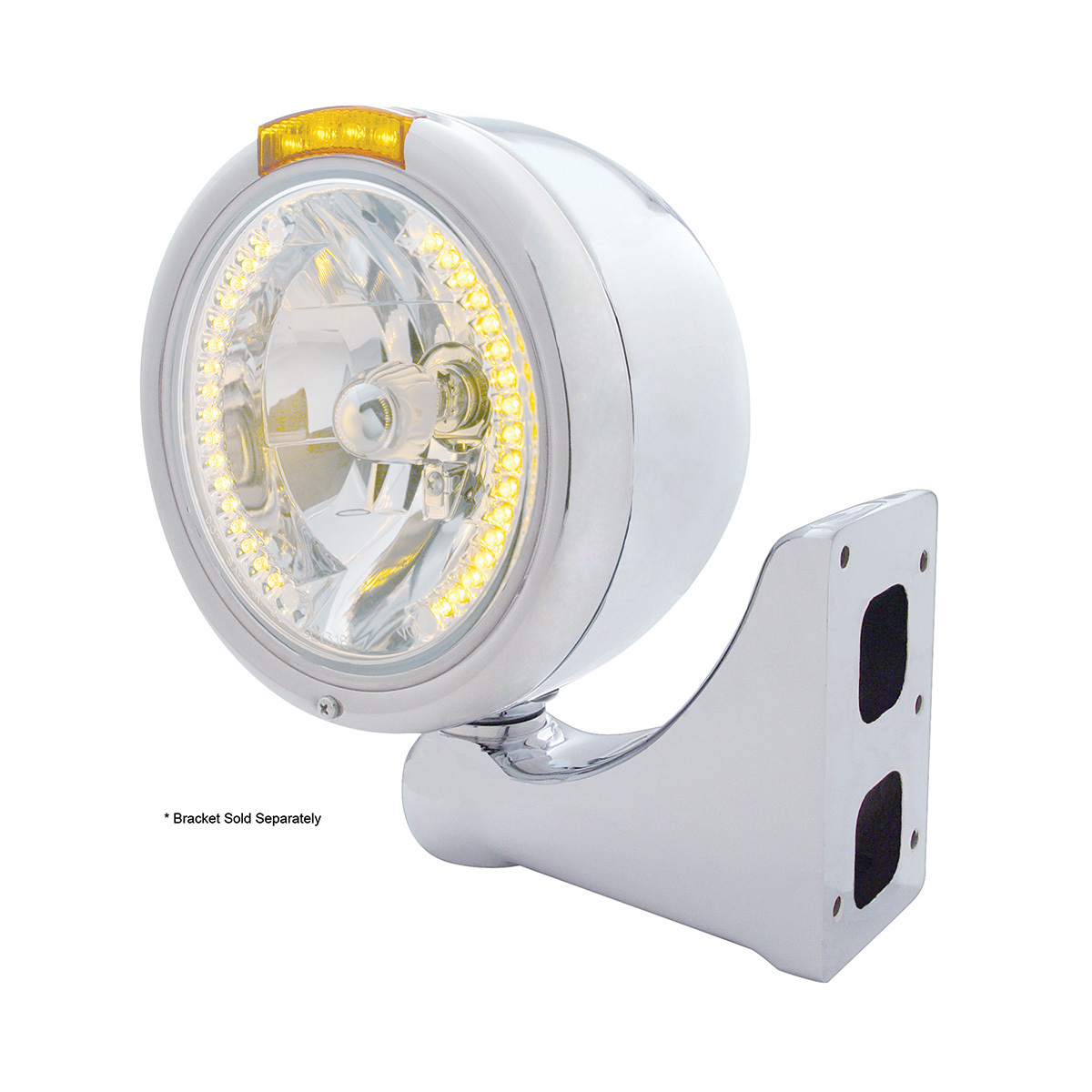 Stainless Steel Classic Half Moon Headlight H4 With Amber LED & Dual Mode LED Signal-Amber Lens