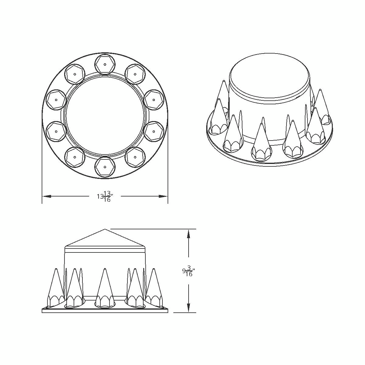 Pointed Rear Axle Cover With 33mm Spike Thread-On Nut Covers - Chrome